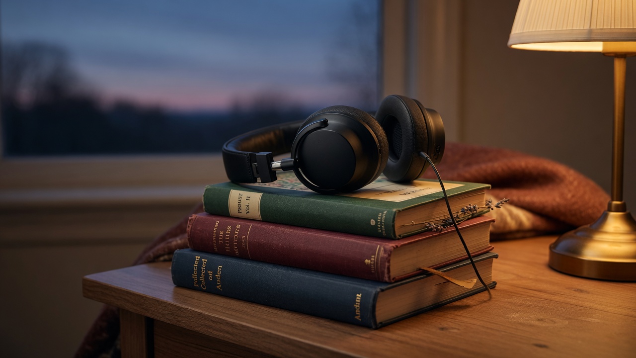 Premium headphones and books for immersive listening