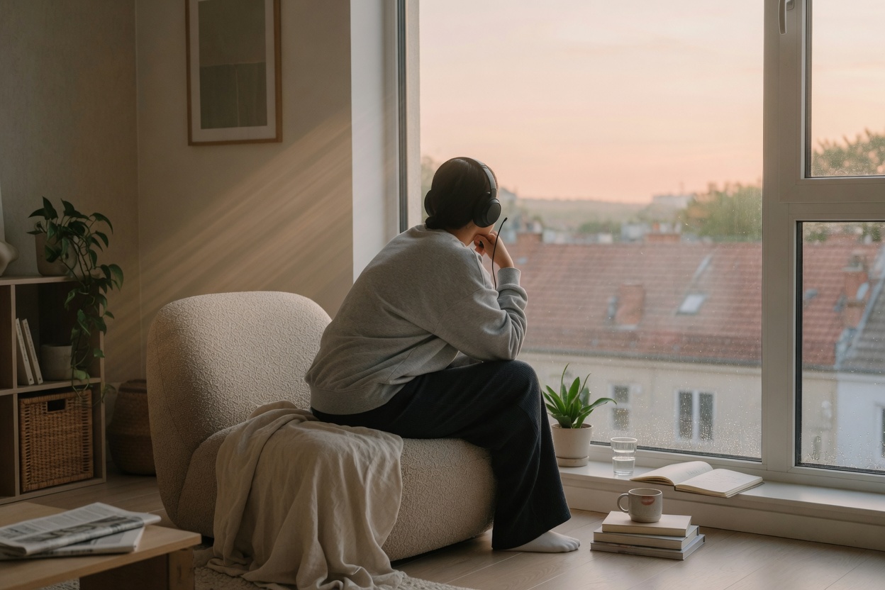 Listener enjoying an audiobook by the window